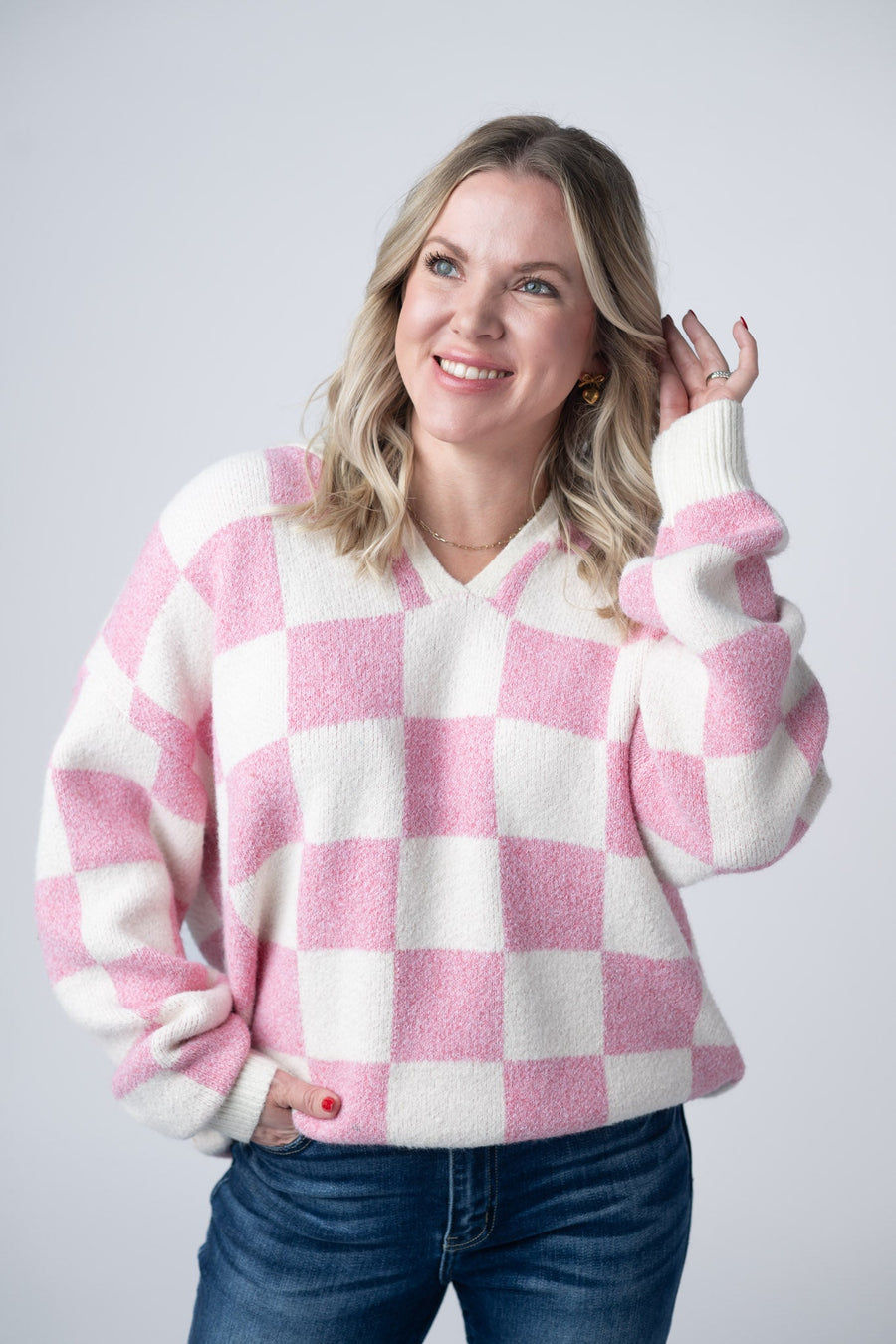 WAREHOUSE Checkered Hoodie - Pink and White