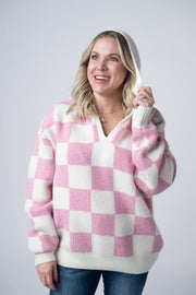 WAREHOUSE Checkered Hoodie - Pink and White