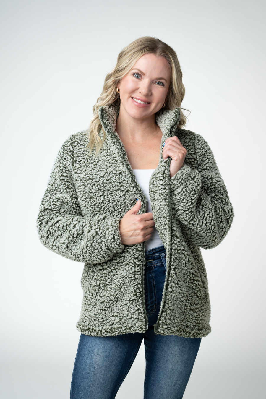 WAREHOUSE ONLY Two Tone Fullzip Sherpa - Olive and White