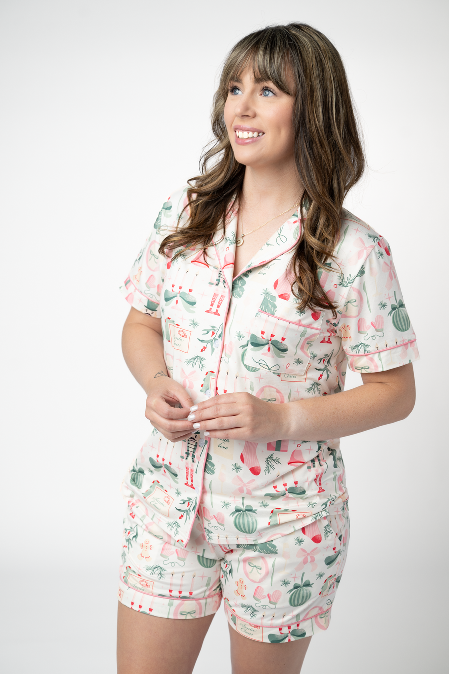 WAREHOUSE ONLY Brooke Top and Shorts Pajama Set - Pink Pine Noel