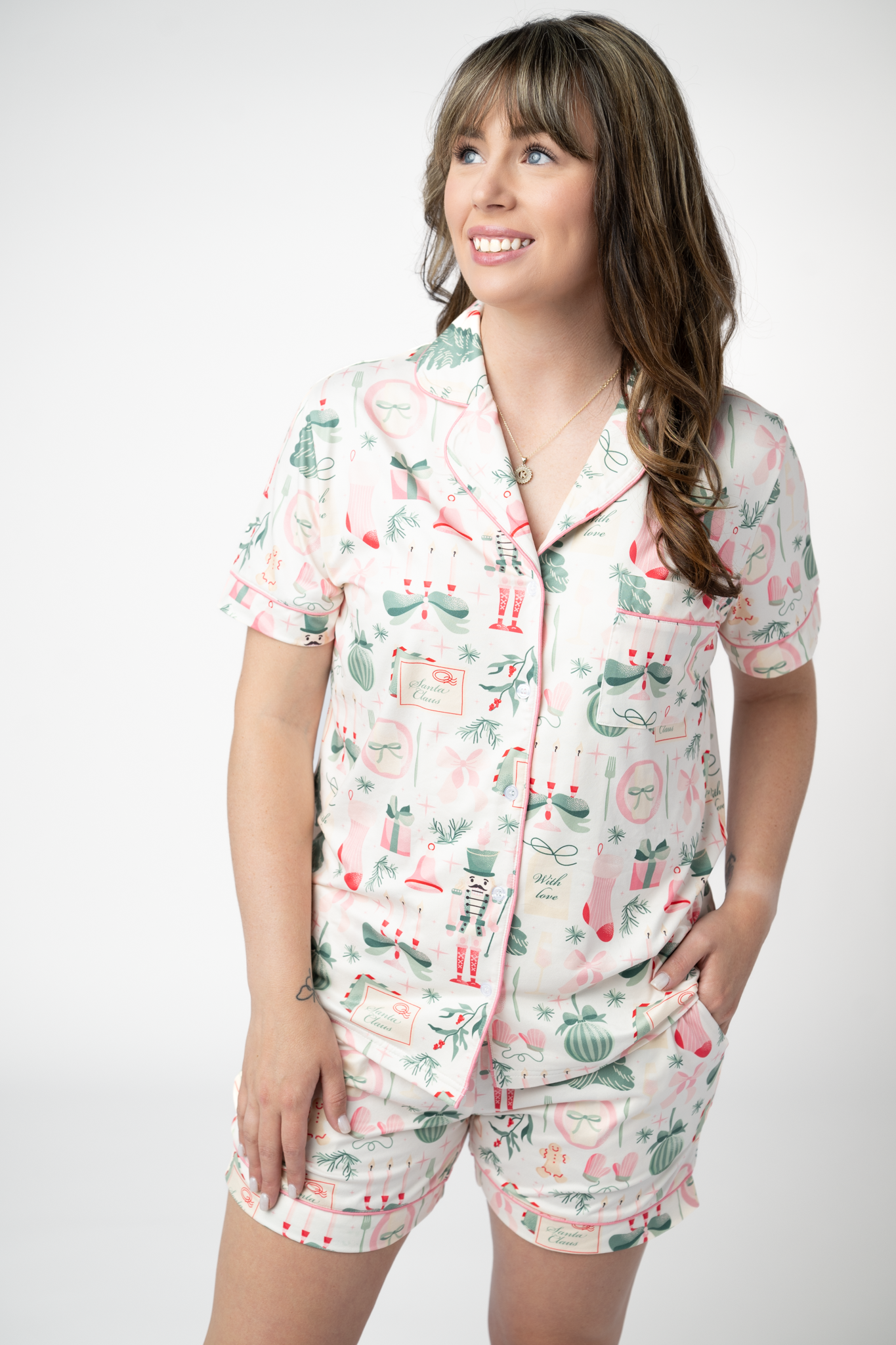 WAREHOUSE ONLY Brooke Top and Shorts Pajama Set - Pink Pine Noel