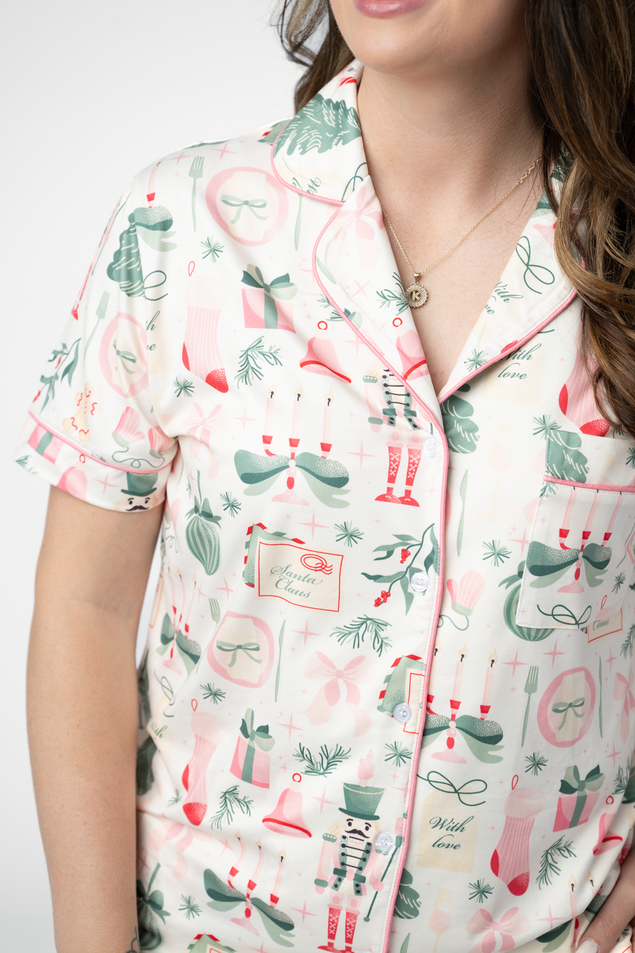 WAREHOUSE ONLY Brooke Top and Shorts Pajama Set - Pink Pine Noel