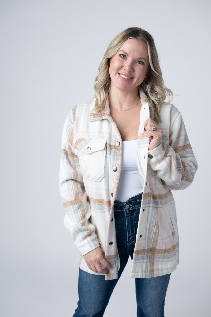 WAREHOUSE Norah Plaid Shacket - Neutral Blush Mix