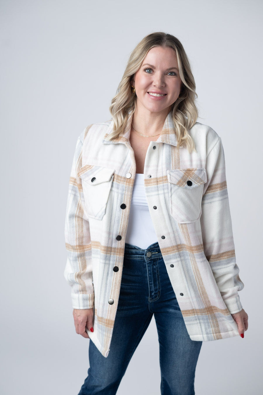 WAREHOUSE Norah Plaid Shacket - Neutral Blush Mix
