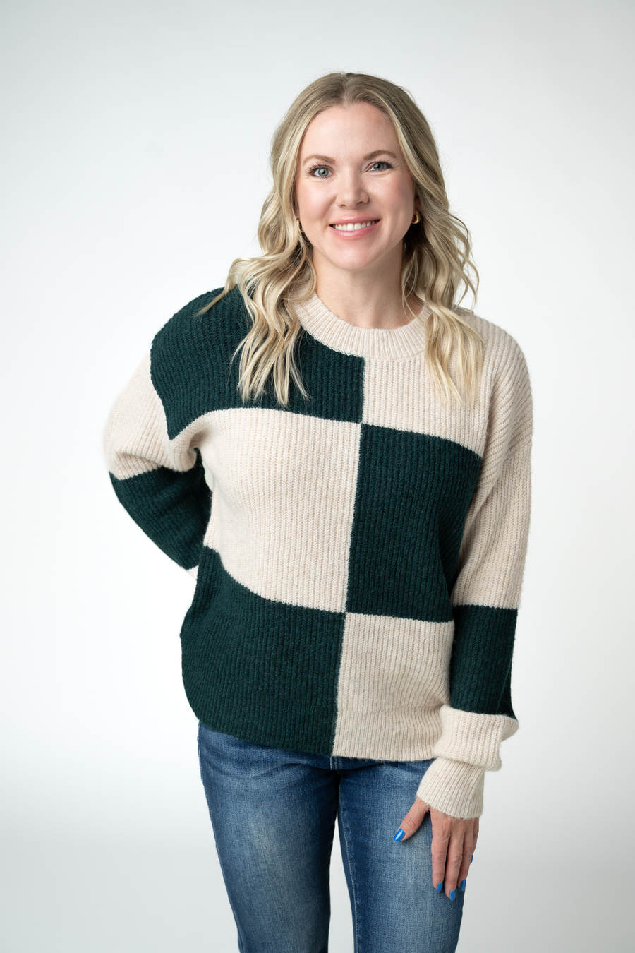WAREHOUSE ONLY Checkered Block Sweater - Cream and Evergreen