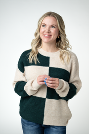 WAREHOUSE ONLY Checkered Block Sweater - Cream and Evergreen