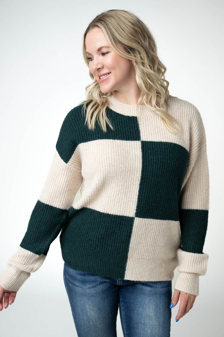 WAREHOUSE ONLY Checkered Block Sweater - Cream and Evergreen