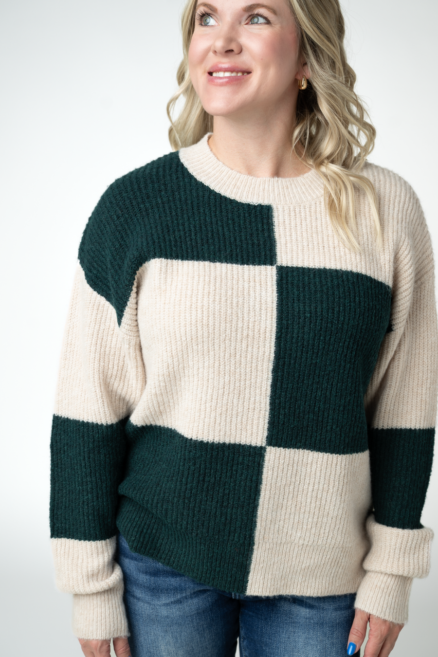 WAREHOUSE ONLY Checkered Block Sweater - Cream and Evergreen
