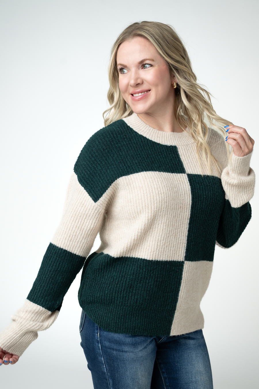 WAREHOUSE ONLY Checkered Block Sweater - Cream and Evergreen