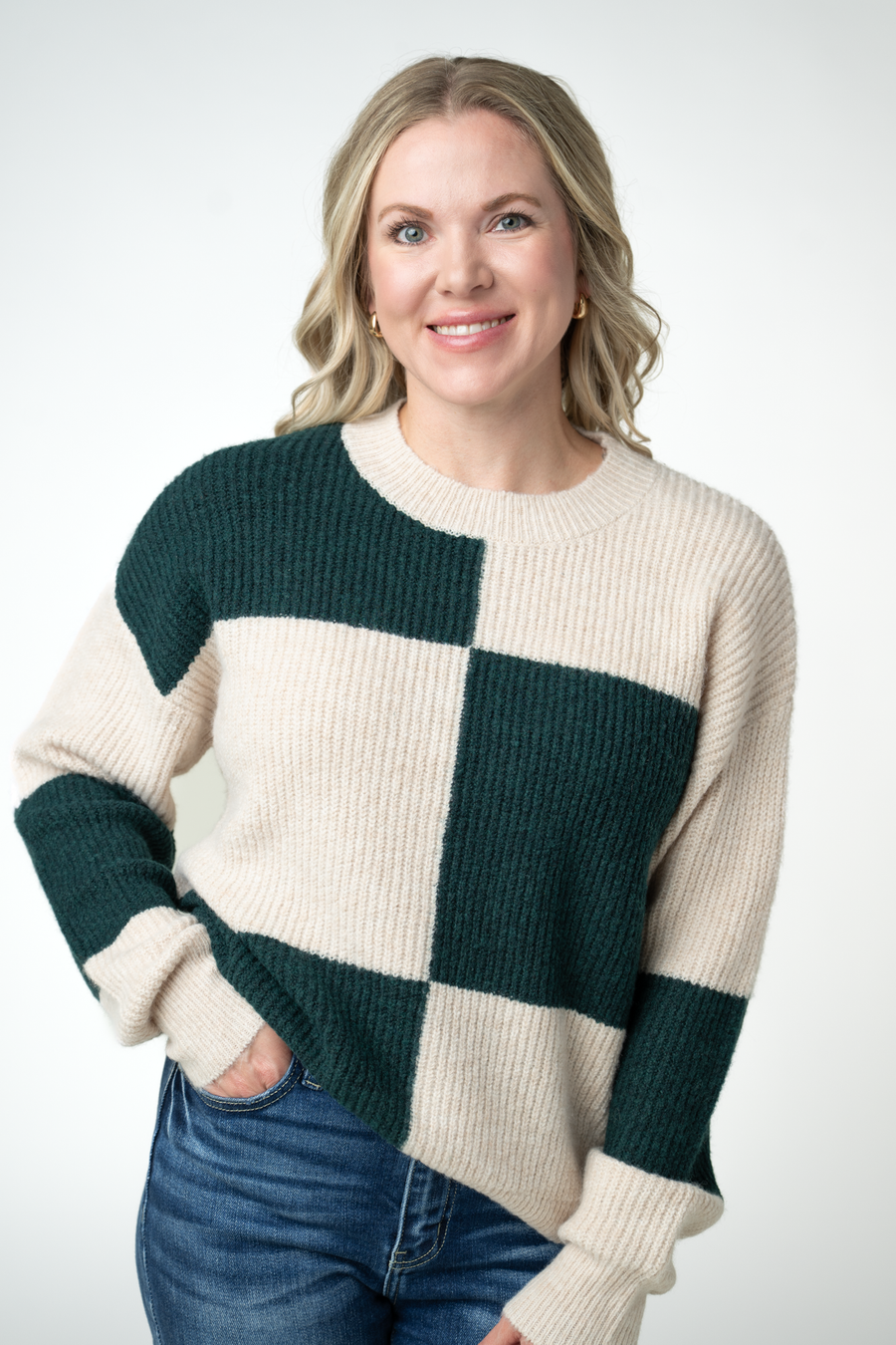 WAREHOUSE ONLY Checkered Block Sweater - Cream and Evergreen