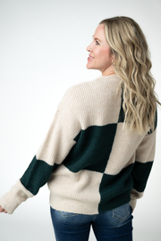 WAREHOUSE ONLY Checkered Block Sweater - Cream and Evergreen