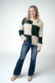 WAREHOUSE ONLY Checkered Block Sweater - Cream and Evergreen