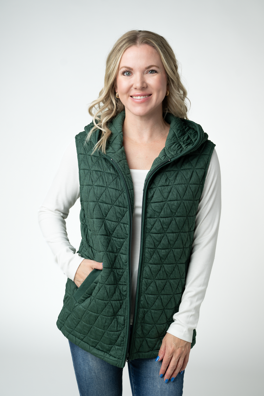WAREHOUSE ONLY Heather Geometric Hooded Vest - Forest Green