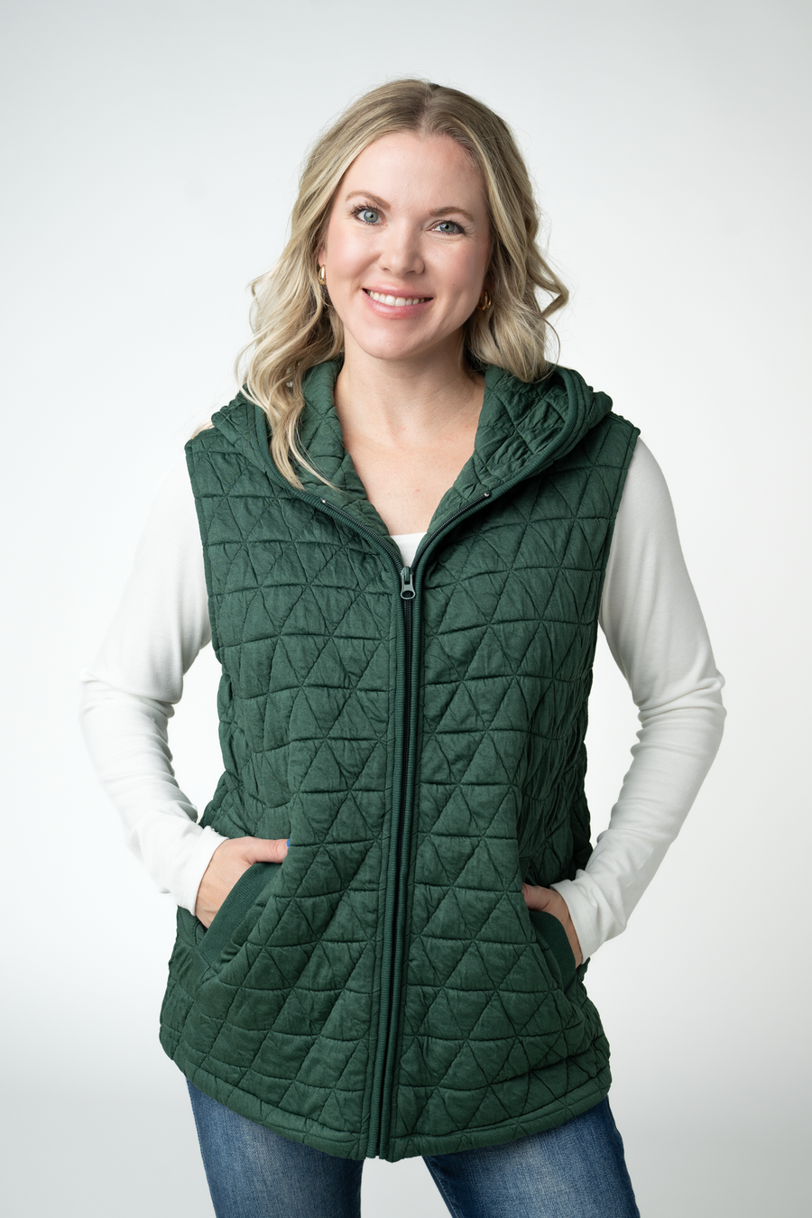 WAREHOUSE ONLY Heather Geometric Hooded Vest - Forest Green