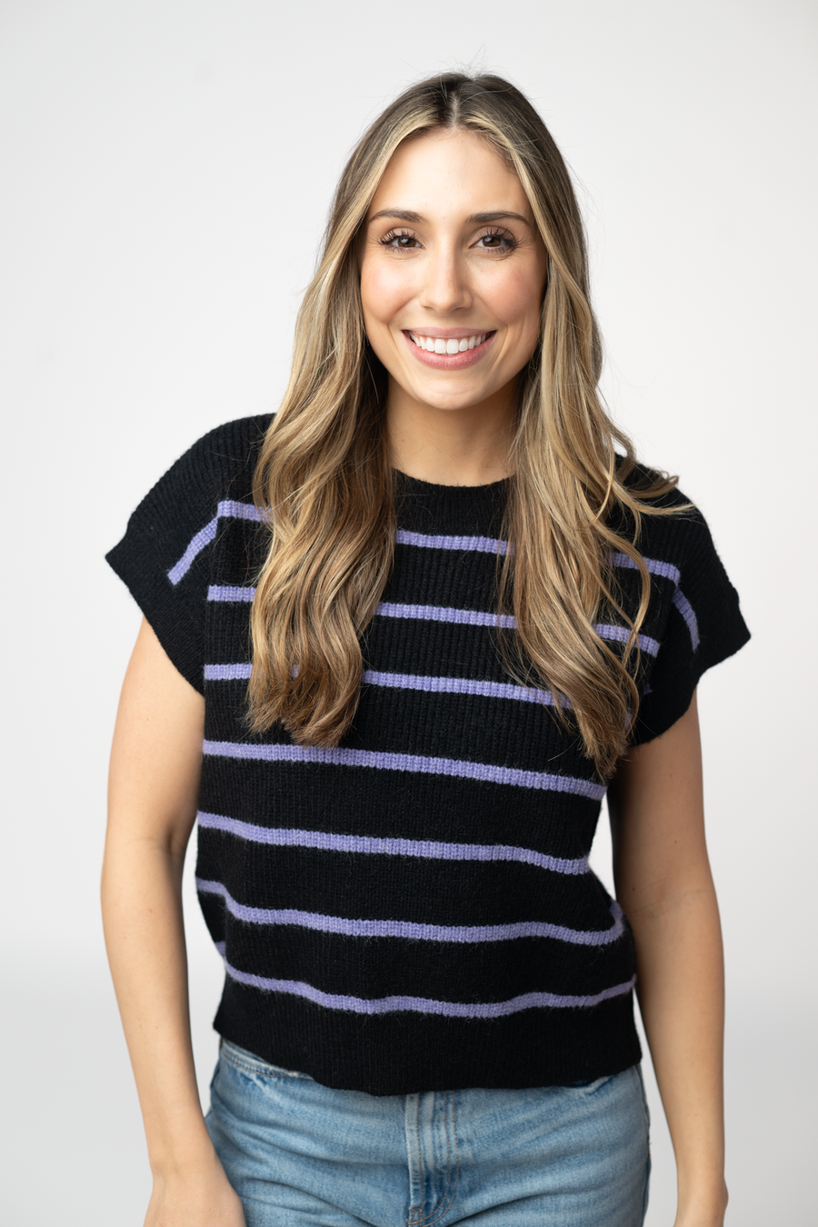 WAREHOUSE ONLY Striped Sweater Top - Black and Purple