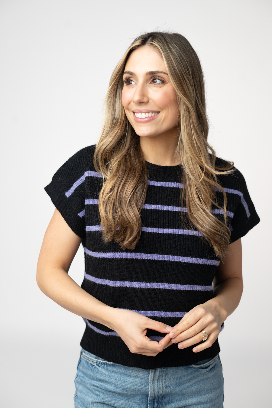 WAREHOUSE ONLY Striped Sweater Top - Black and Purple