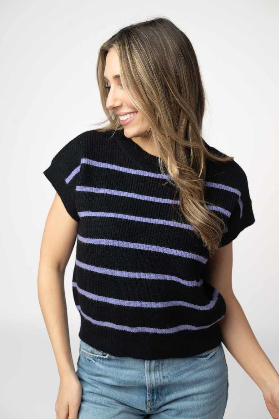 WAREHOUSE ONLY Striped Sweater Top - Black and Purple