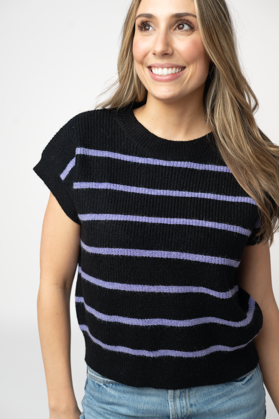WAREHOUSE ONLY Striped Sweater Top - Black and Purple