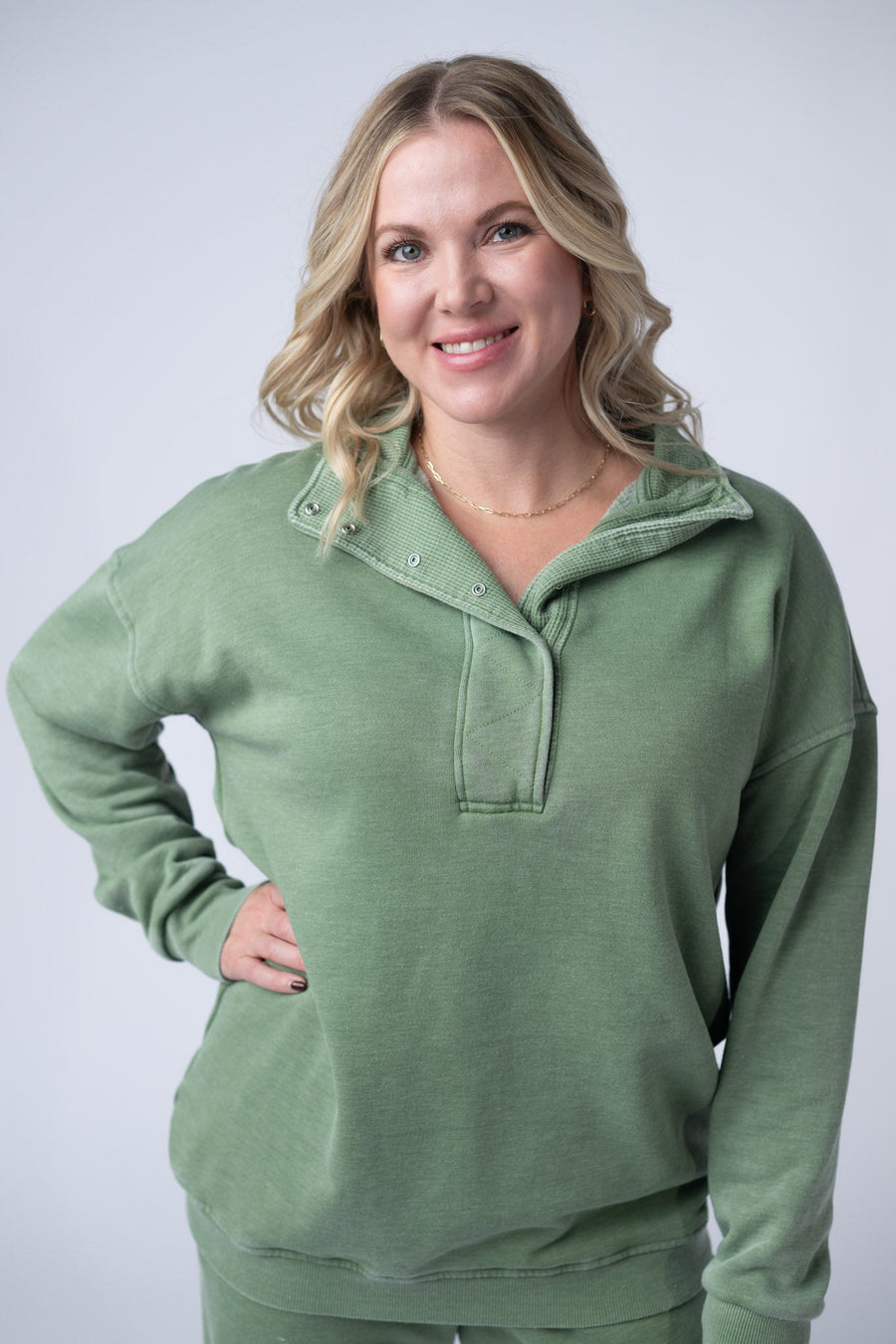 WAREHOUSE Jesse Vintage Wash Snap Pullover - Olive