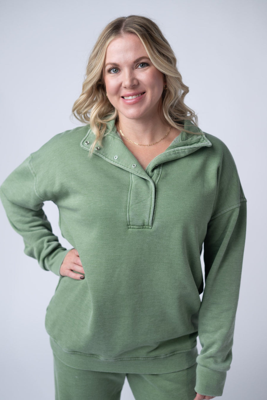 WAREHOUSE Jesse Vintage Wash Snap Pullover - Olive