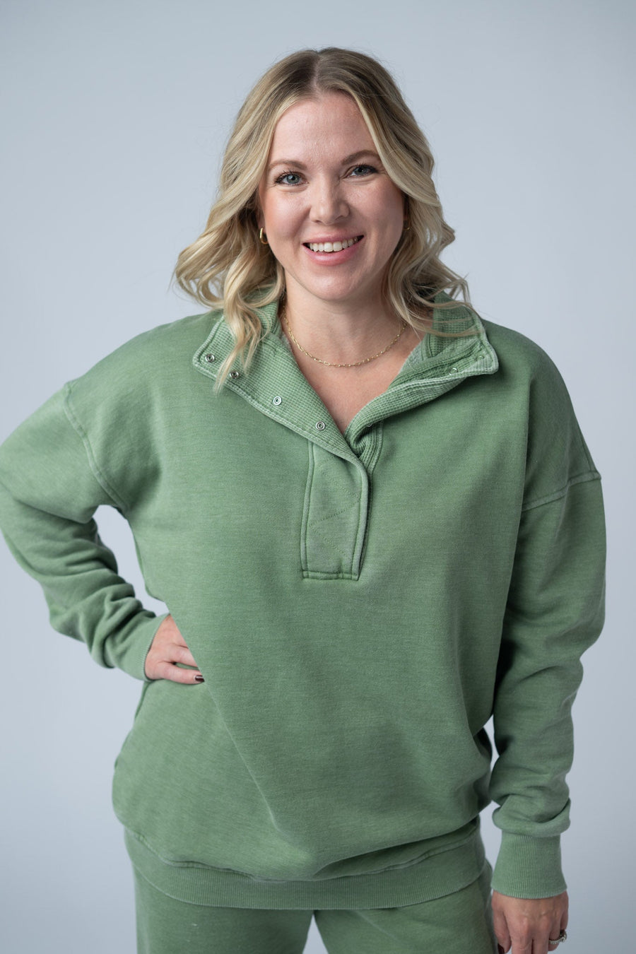 WAREHOUSE Jesse Vintage Wash Snap Pullover - Olive