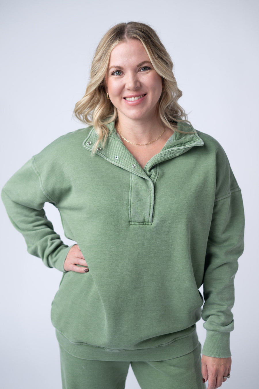 WAREHOUSE Jesse Vintage Wash Snap Pullover - Olive