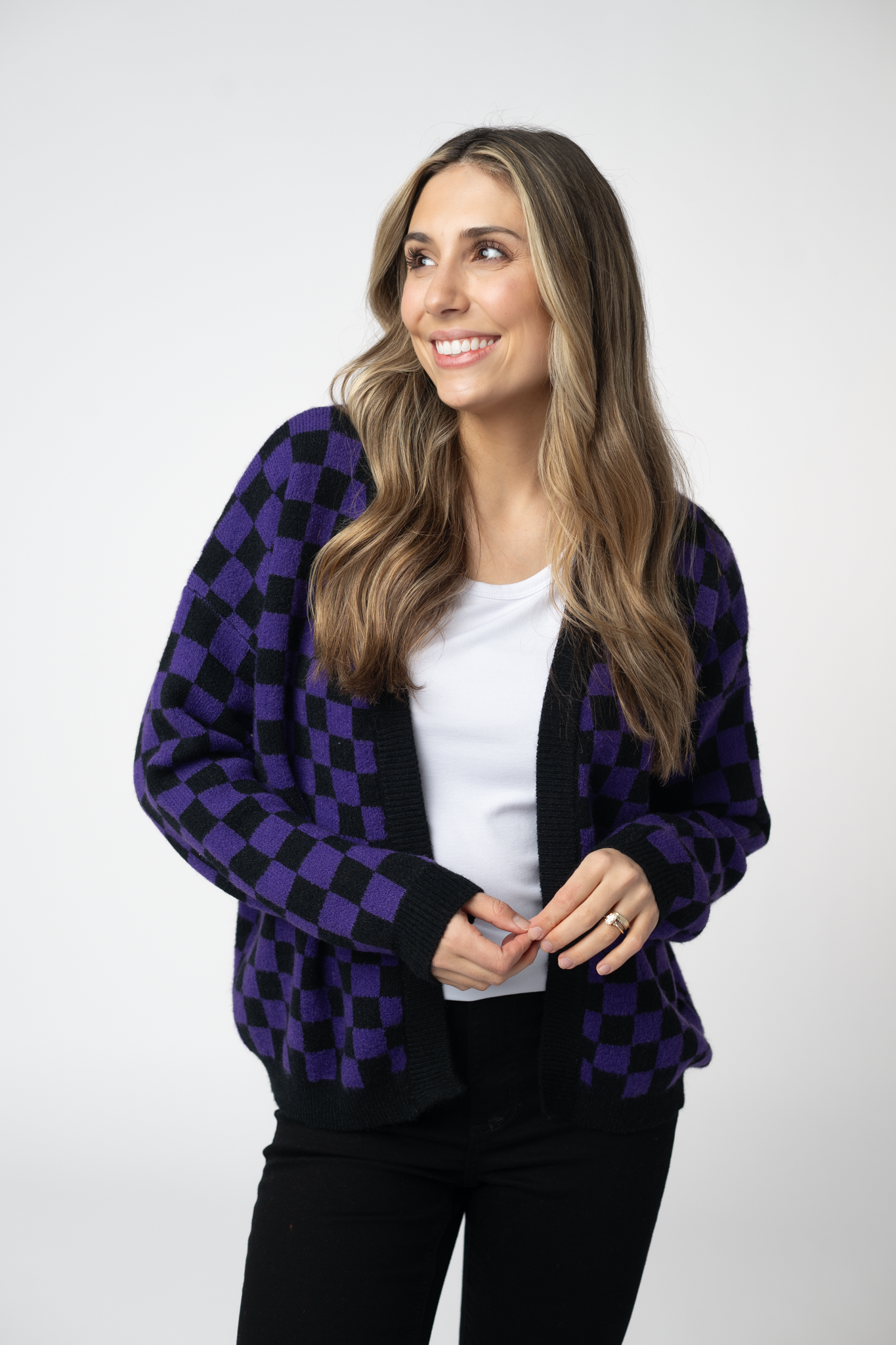 WAREHOUSE ONLY Micro Checkered Cardigan - Black and Purple