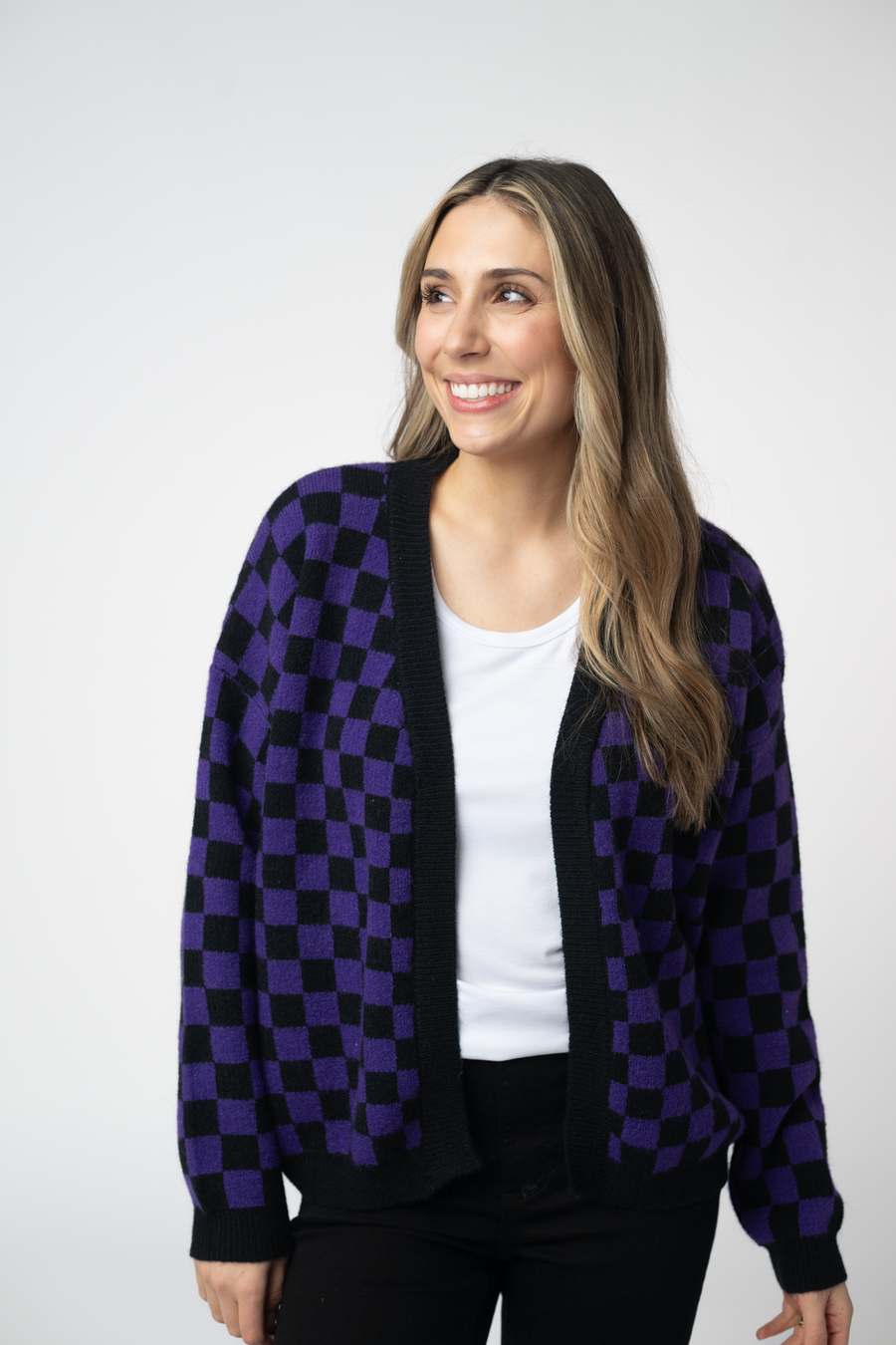 WAREHOUSE ONLY Micro Checkered Cardigan - Black and Purple