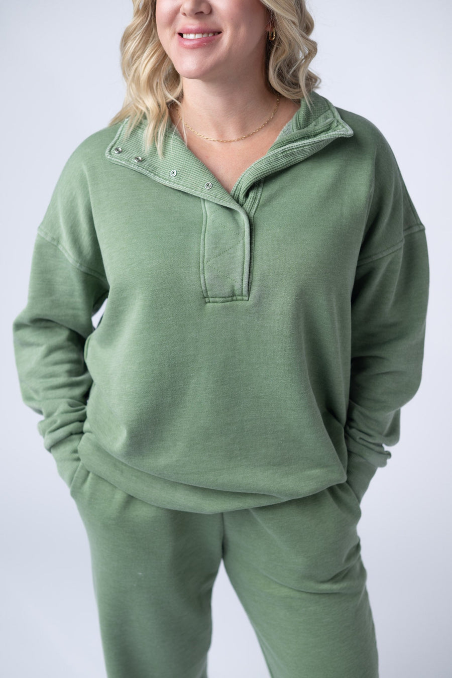 WAREHOUSE Jesse Vintage Wash Snap Pullover - Olive