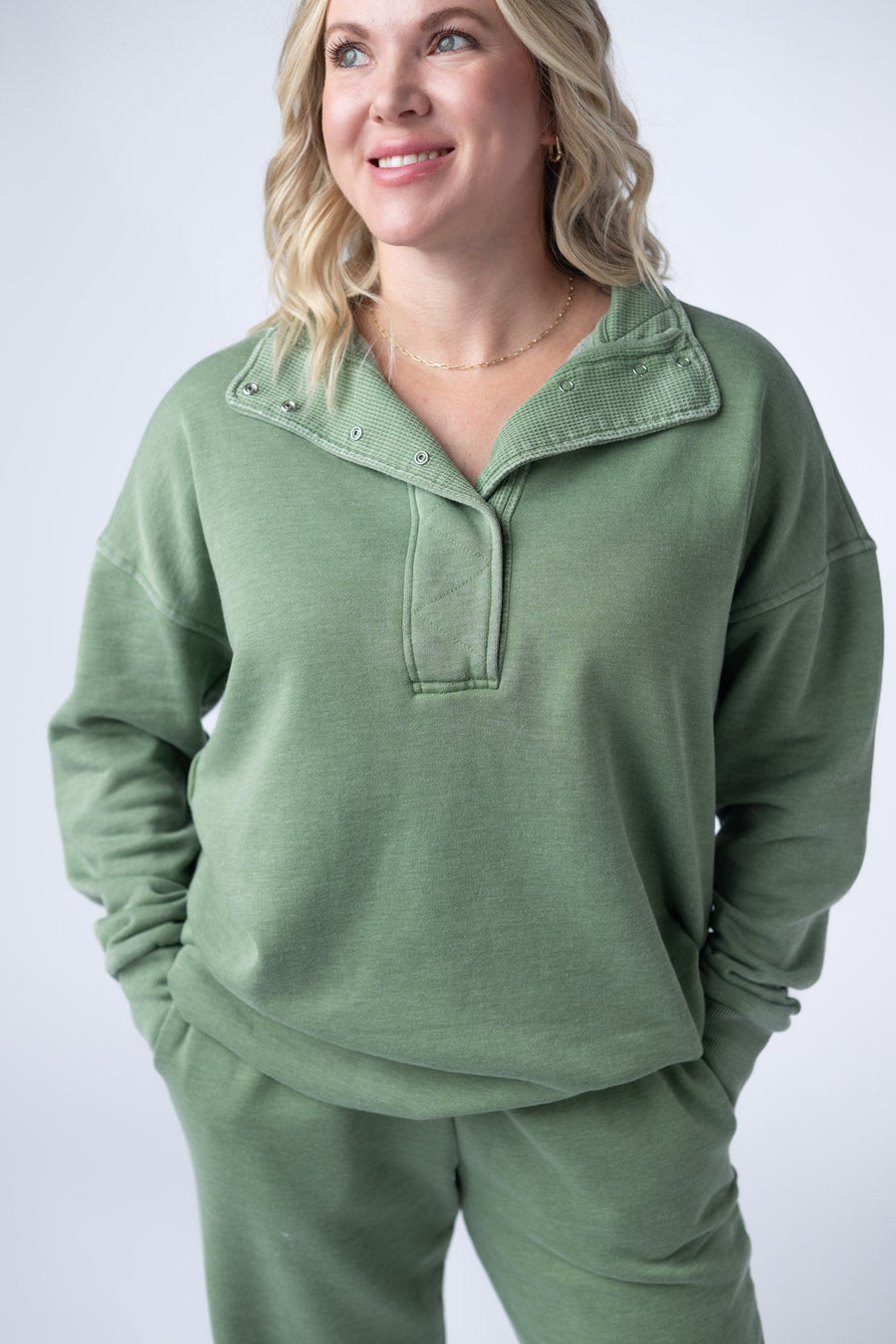 WAREHOUSE Jesse Vintage Wash Snap Pullover - Olive