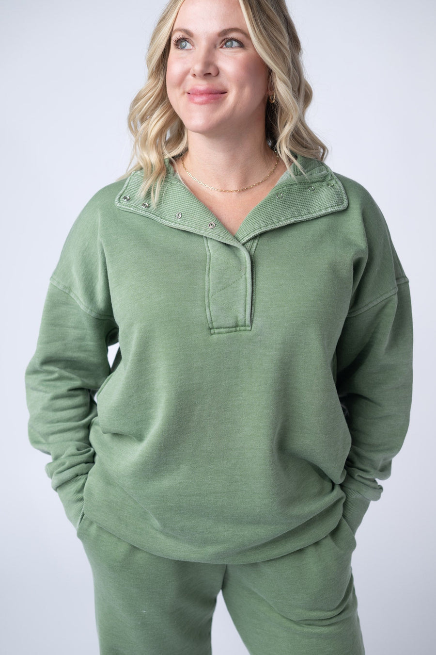 WAREHOUSE Jesse Vintage Wash Snap Pullover - Olive