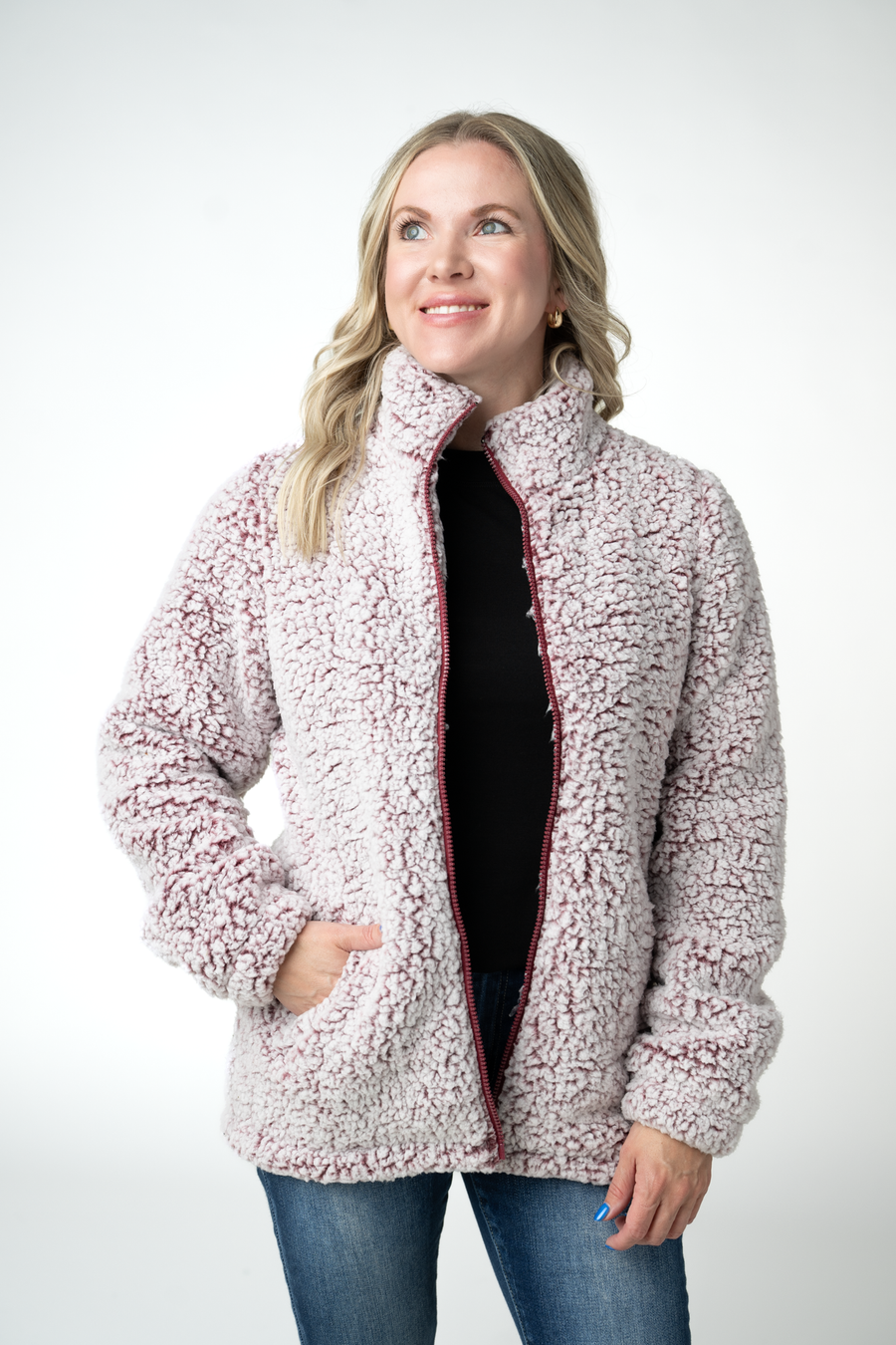 WAREHOUSE ONLY Two Tone Fullzip Sherpa - Cranberry and White