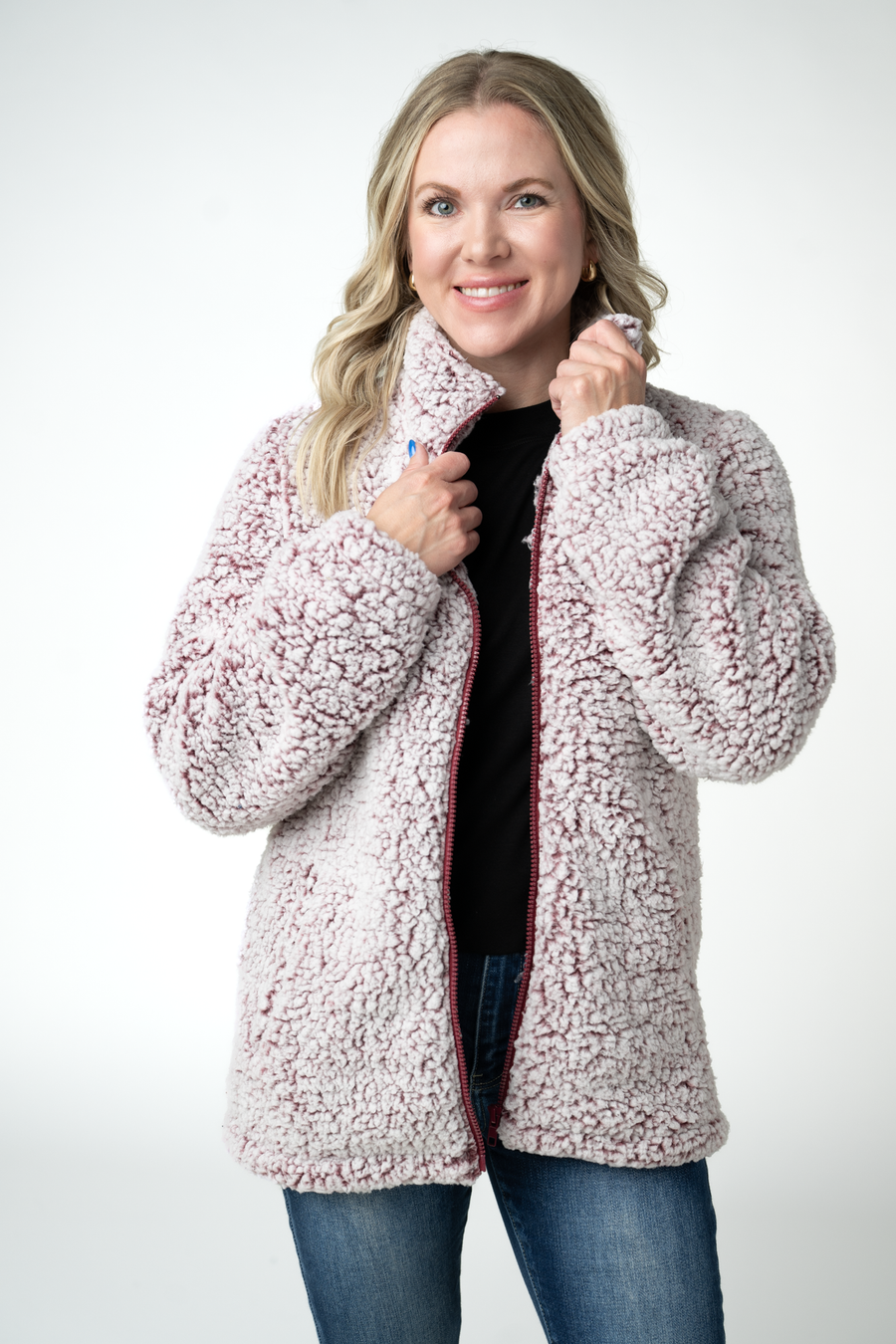 WAREHOUSE ONLY Two Tone Fullzip Sherpa - Cranberry and White