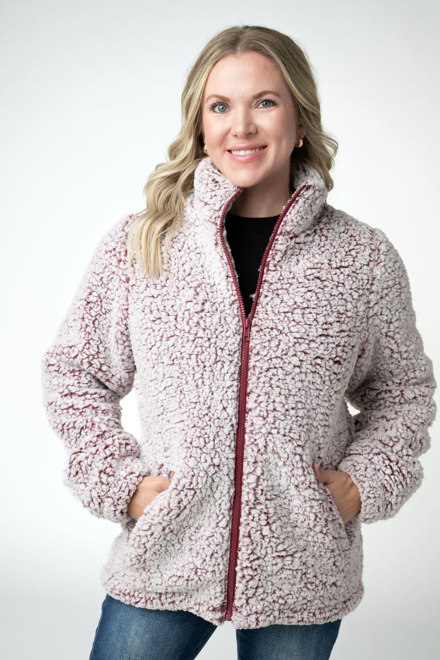 WAREHOUSE ONLY Two Tone Fullzip Sherpa - Cranberry and White