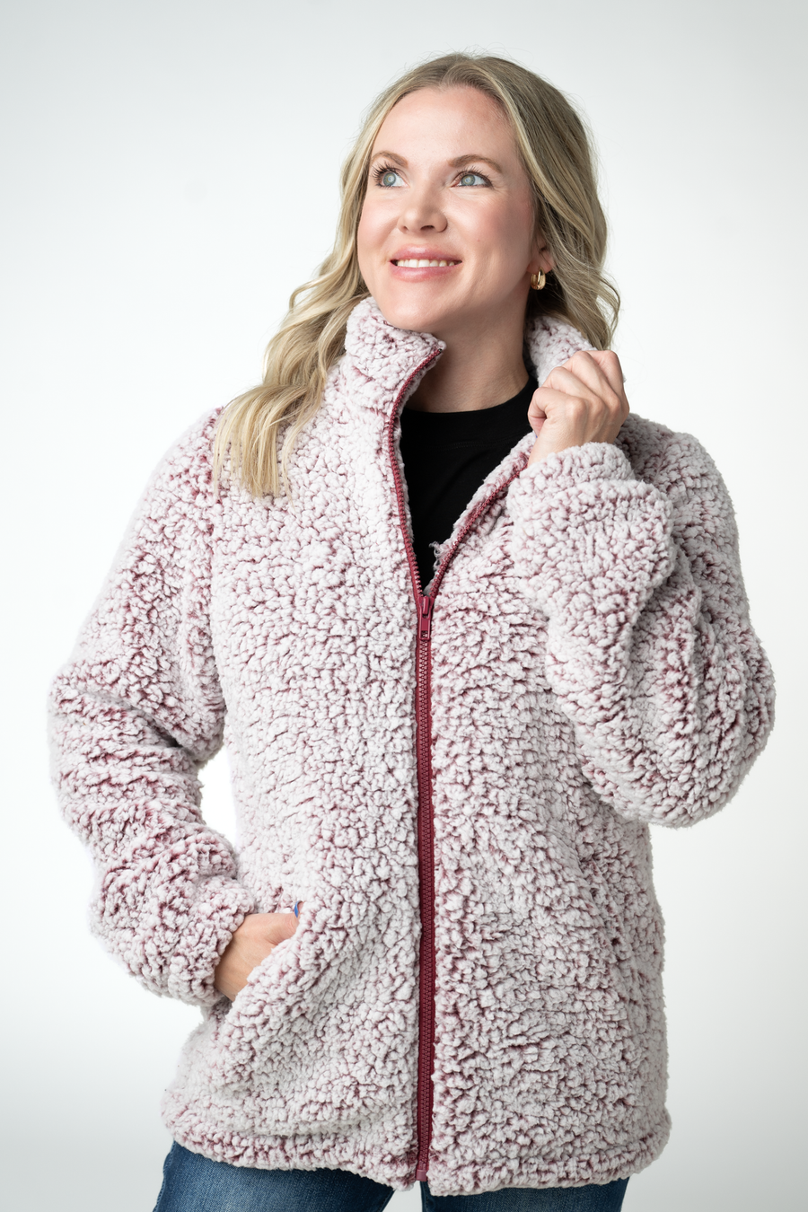 WAREHOUSE ONLY Two Tone Fullzip Sherpa - Cranberry and White