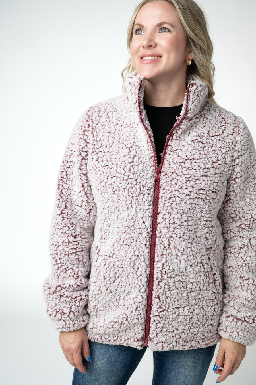 WAREHOUSE ONLY Two Tone Fullzip Sherpa - Cranberry and White