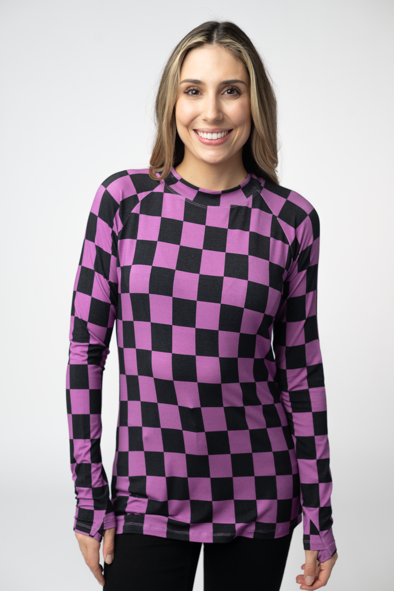 WAREHOUSE ONLY Blair Long Sleeve Top - Black and Purple Checkers