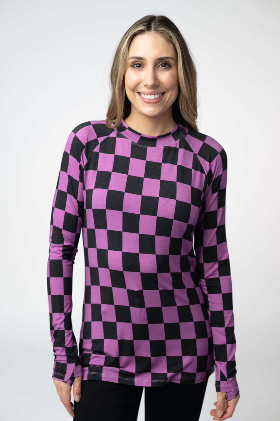 WAREHOUSE ONLY Blair Long Sleeve Top - Black and Purple Checkers