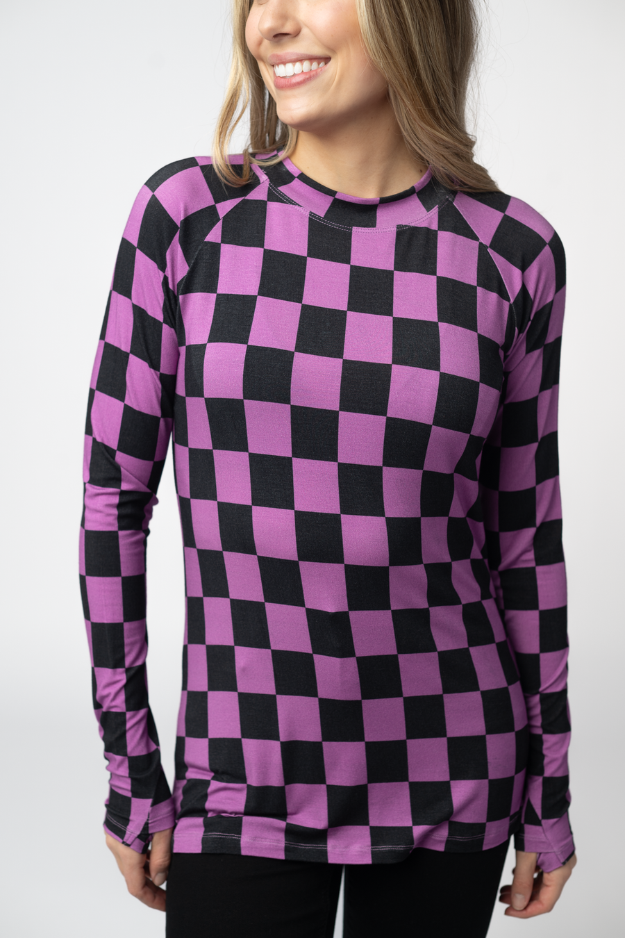 WAREHOUSE ONLY Blair Long Sleeve Top - Black and Purple Checkers