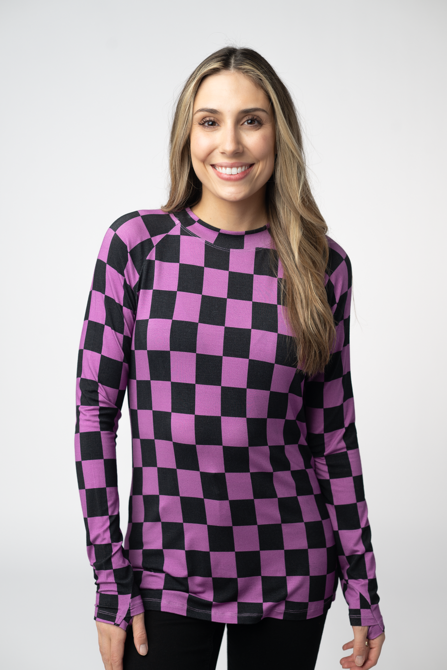 WAREHOUSE ONLY Blair Long Sleeve Top - Black and Purple Checkers