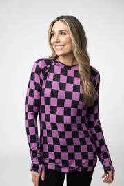 WAREHOUSE ONLY Blair Long Sleeve Top - Black and Purple Checkers