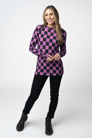 WAREHOUSE ONLY Blair Long Sleeve Top - Black and Purple Checkers