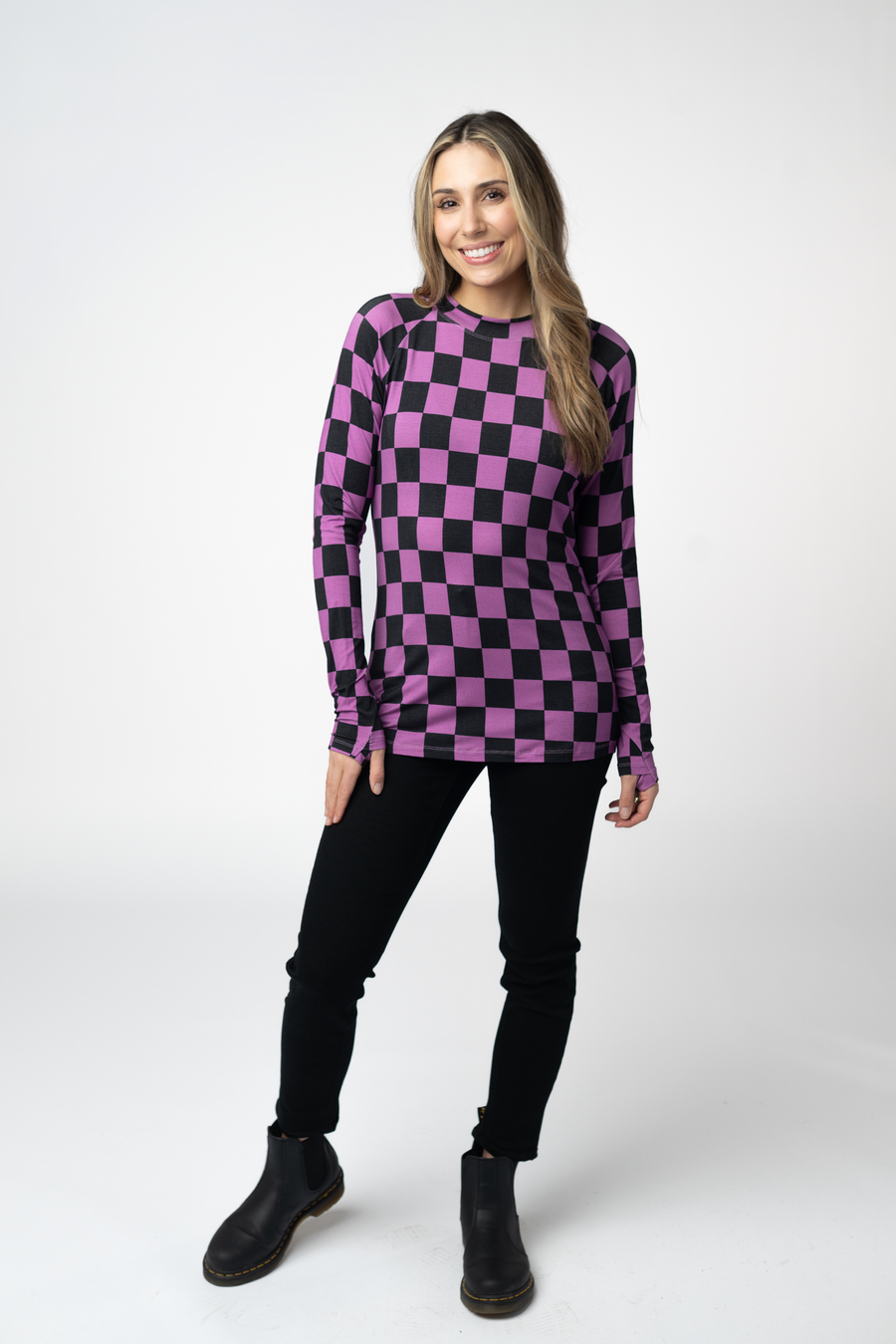 WAREHOUSE ONLY Blair Long Sleeve Top - Black and Purple Checkers