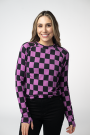 WAREHOUSE ONLY Blair Long Sleeve Top - Black and Purple Checkers