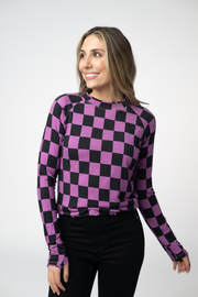 WAREHOUSE ONLY Blair Long Sleeve Top - Black and Purple Checkers