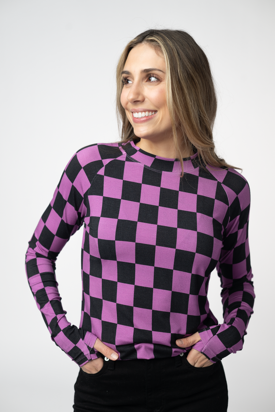 WAREHOUSE ONLY Blair Long Sleeve Top - Black and Purple Checkers