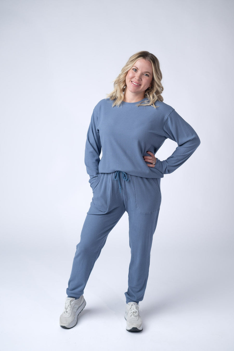 WAREHOUSE Corrine Ribbed Pullover Top - Denim