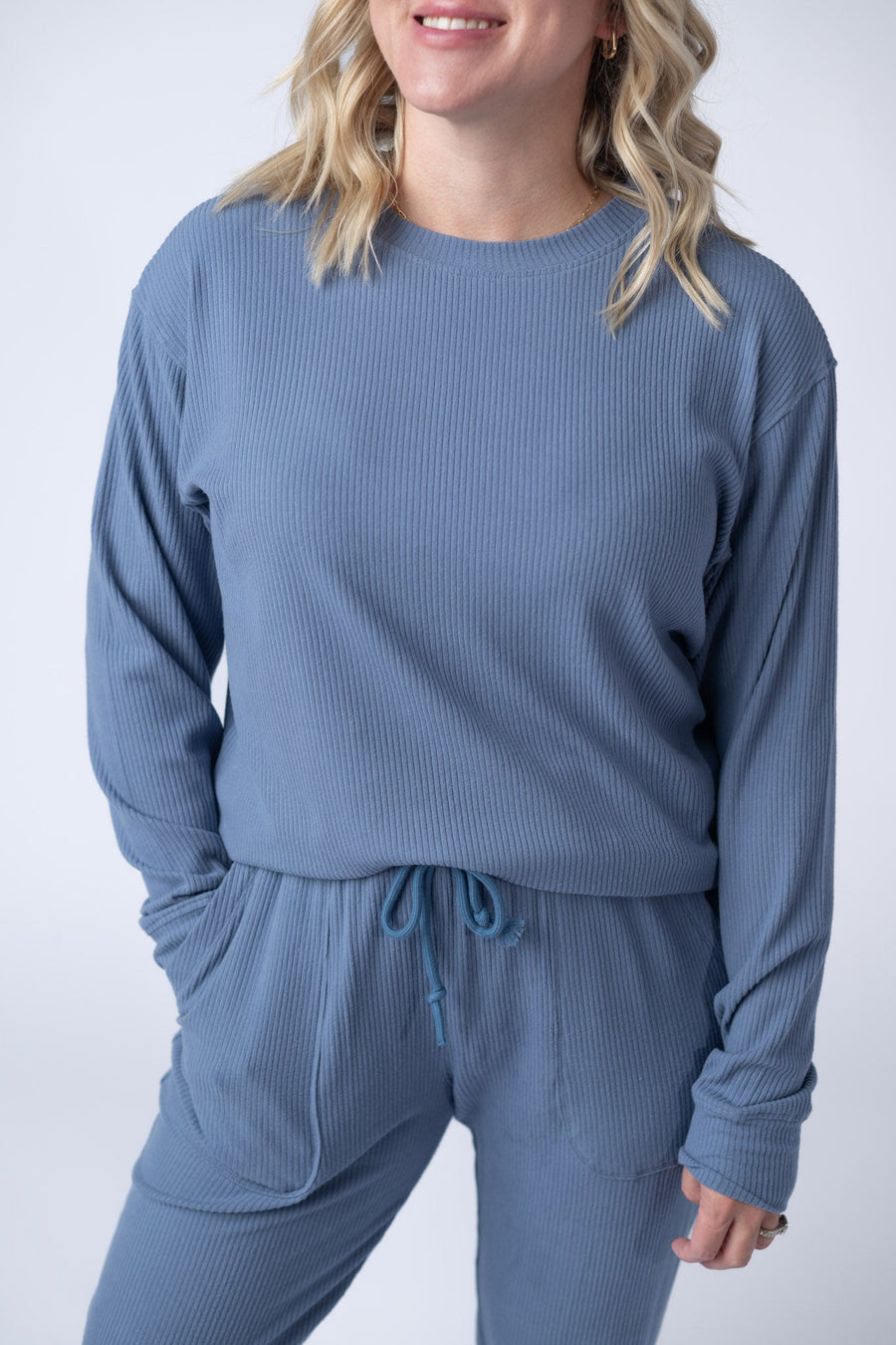 WAREHOUSE Corrine Ribbed Pullover Top - Denim