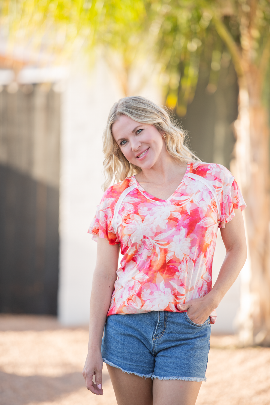 WAREHOUSE ONLY Raelynn V-Neck Top - Sunset Tropical Floral FINAL SALE