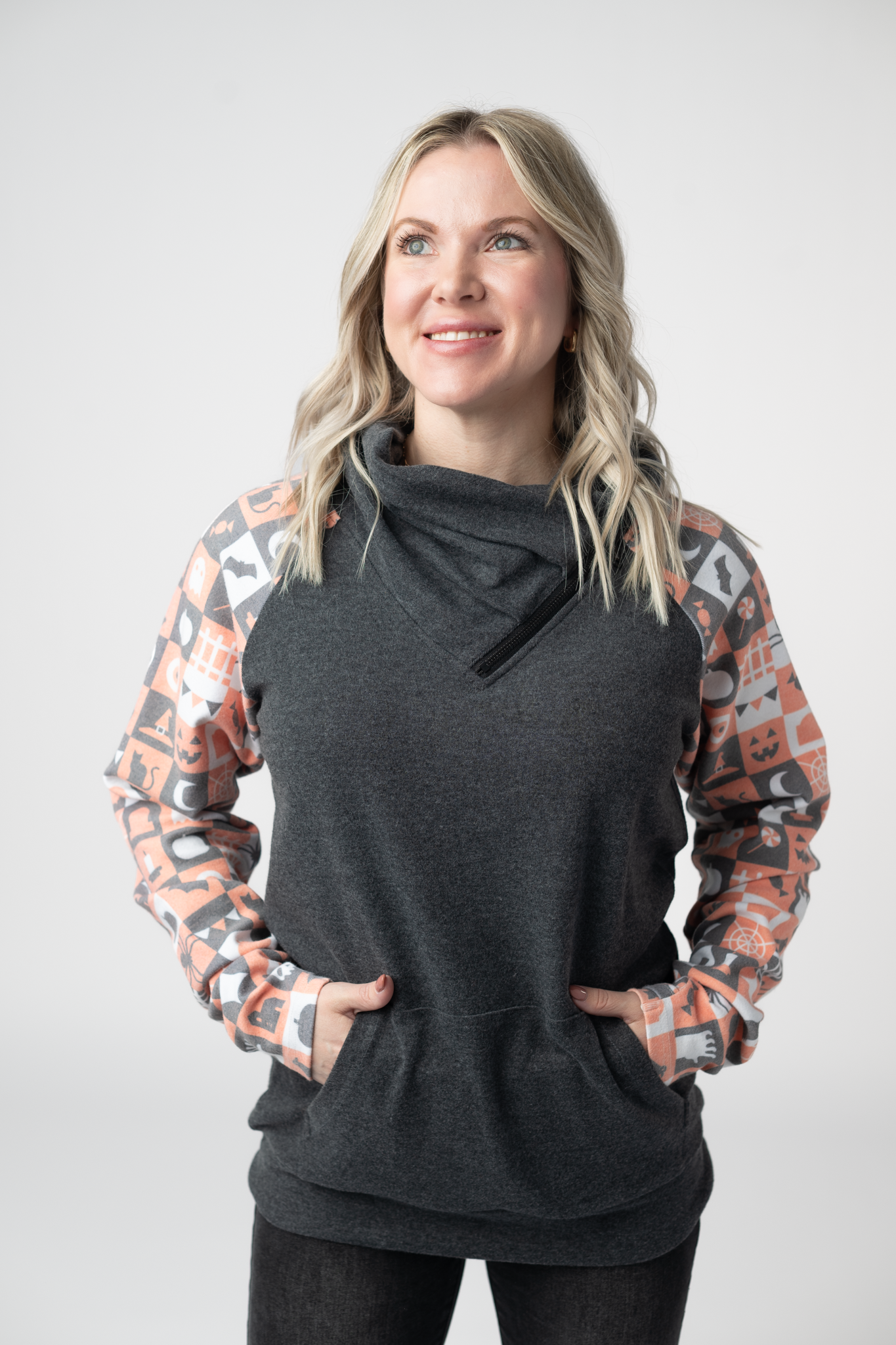 WAREHOUSE ONLY Zoey ZipCowl Sweatshirt -Trick-or-Treat Checkered and Charcoal